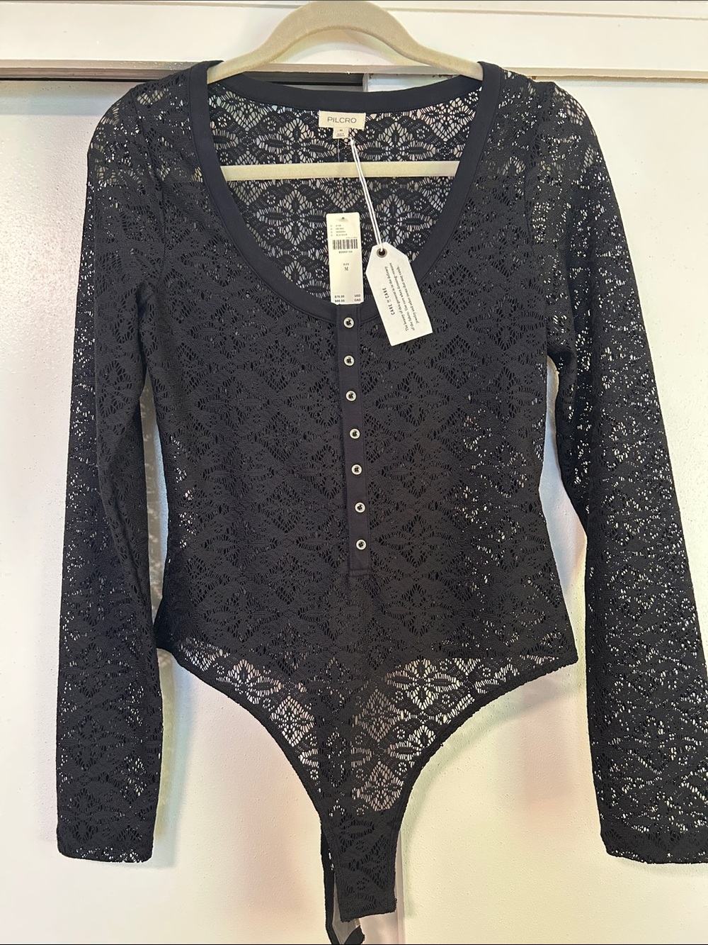 Anthropologie-Pilcro Black Lace Henley Long-Sleeve Bodysuit